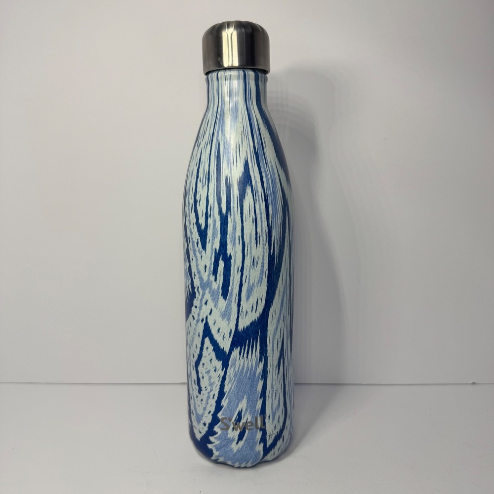 S'well Insulated Stainless Steel‎ Water Bottle 25oz Blue White Abstract Ikat EUC